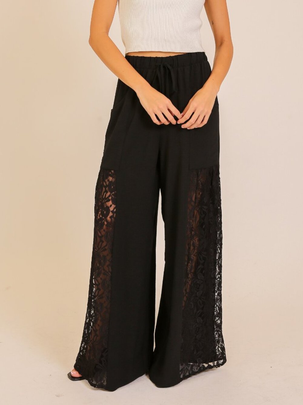 Boho Black Lace Inset Wide Leg Pants